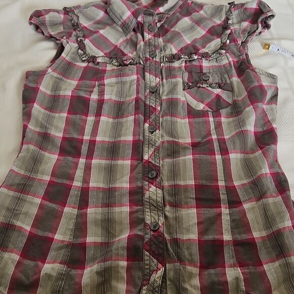 H&M Cotton Button-Down Short Sleeves Ruffled Shirt Hot Pink & Military Green 8 - Picture 13 of 16